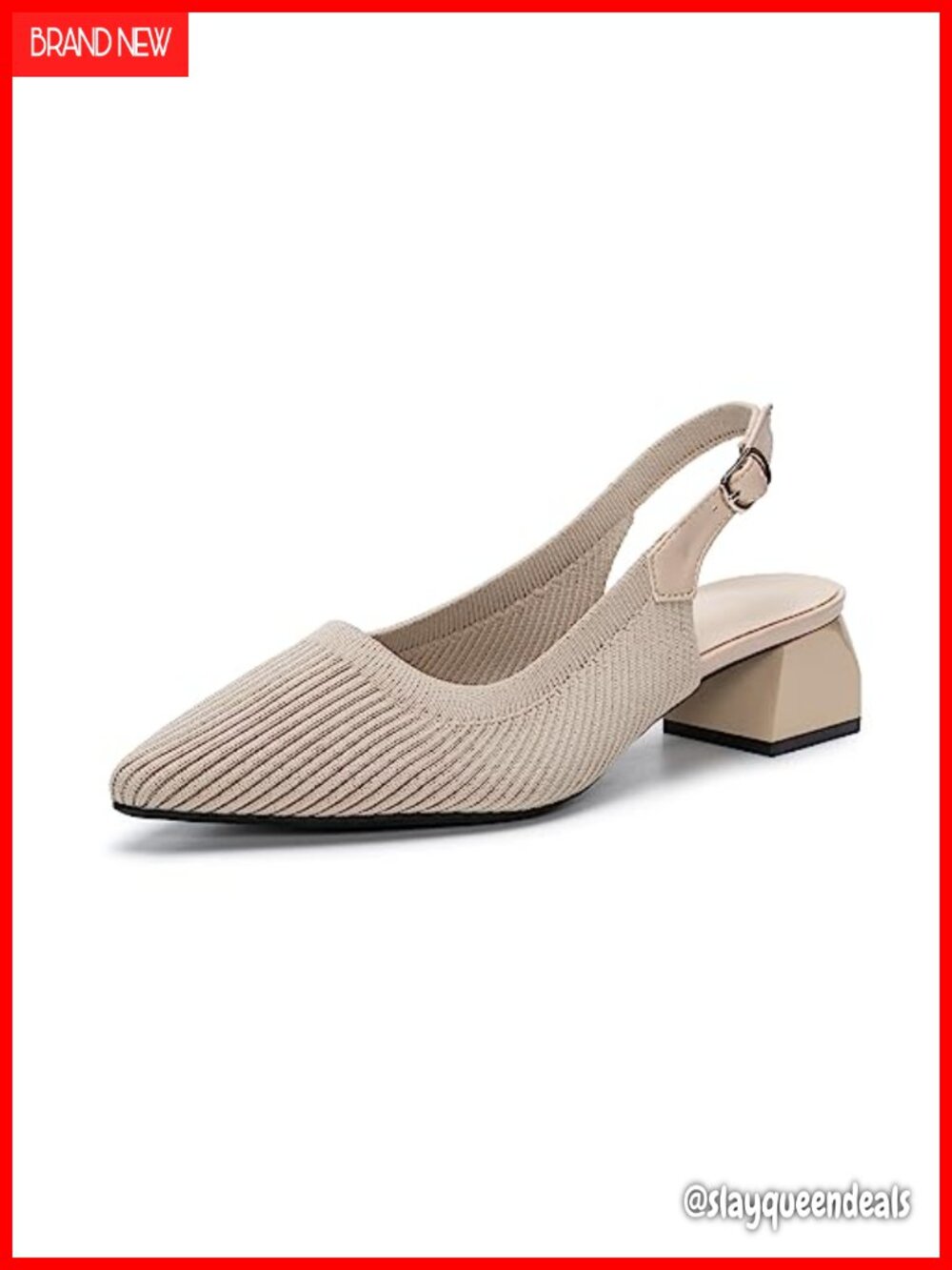 Adjustable Slingback Block Heels, Knitted Pointed Toe Pumps, Mid-Low Heel Work